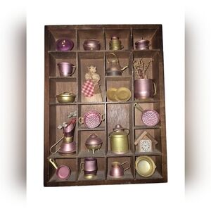 Vintage Shadow Box with Assorted Brass Miniature Pots and Pans 20 pieces